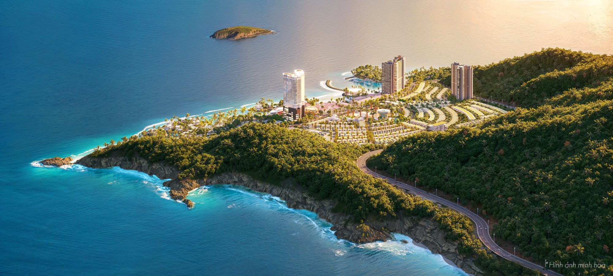 Hai tòa tháp Alora trên mũi biển Vega City / Libera Nha Trang lúc hoàng hôn, tựa núi hướng vịnh