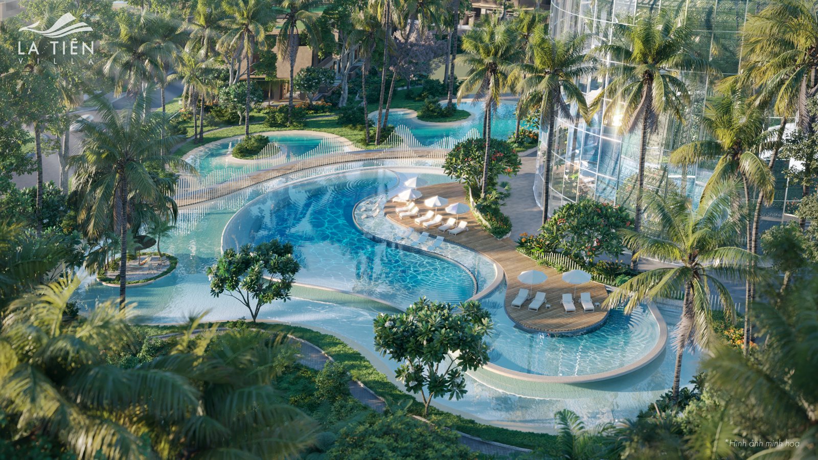 Hồ bơi và quảng trường nước phong cách resort trong quần thể