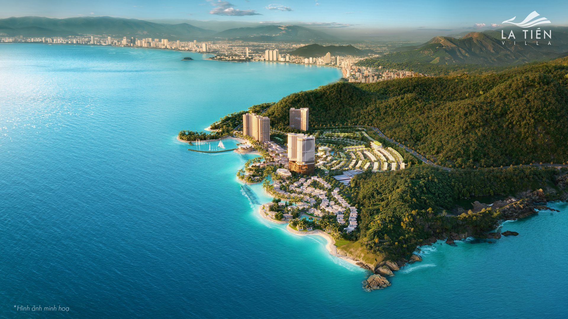Phối cảnh tổng thể mũi biển Libera Nha Trang — hai tòa tháp Alora tựa núi hướng vịnh, giữa hệ sinh thái nghỉ dưỡng